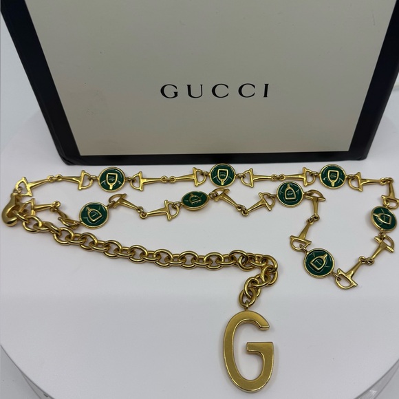 Gucci Accessories - Gucci VINTAGE Horsebit Chain Belt Gold with Green Enamel Medallions beautiful